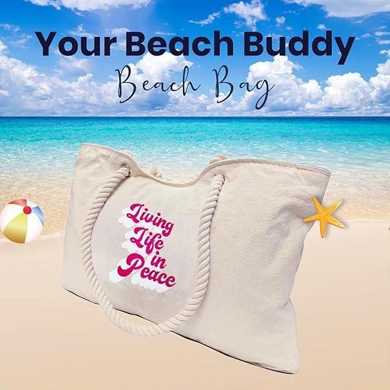 Organix 100% Organic Cotton Canvas Beach Tote Bag for Women, Women's Large Canvas Tote Bag for Shopping, Shoulder Bag for Pool, Gym, Travel, Beach Bag (Black, Living In Peace)